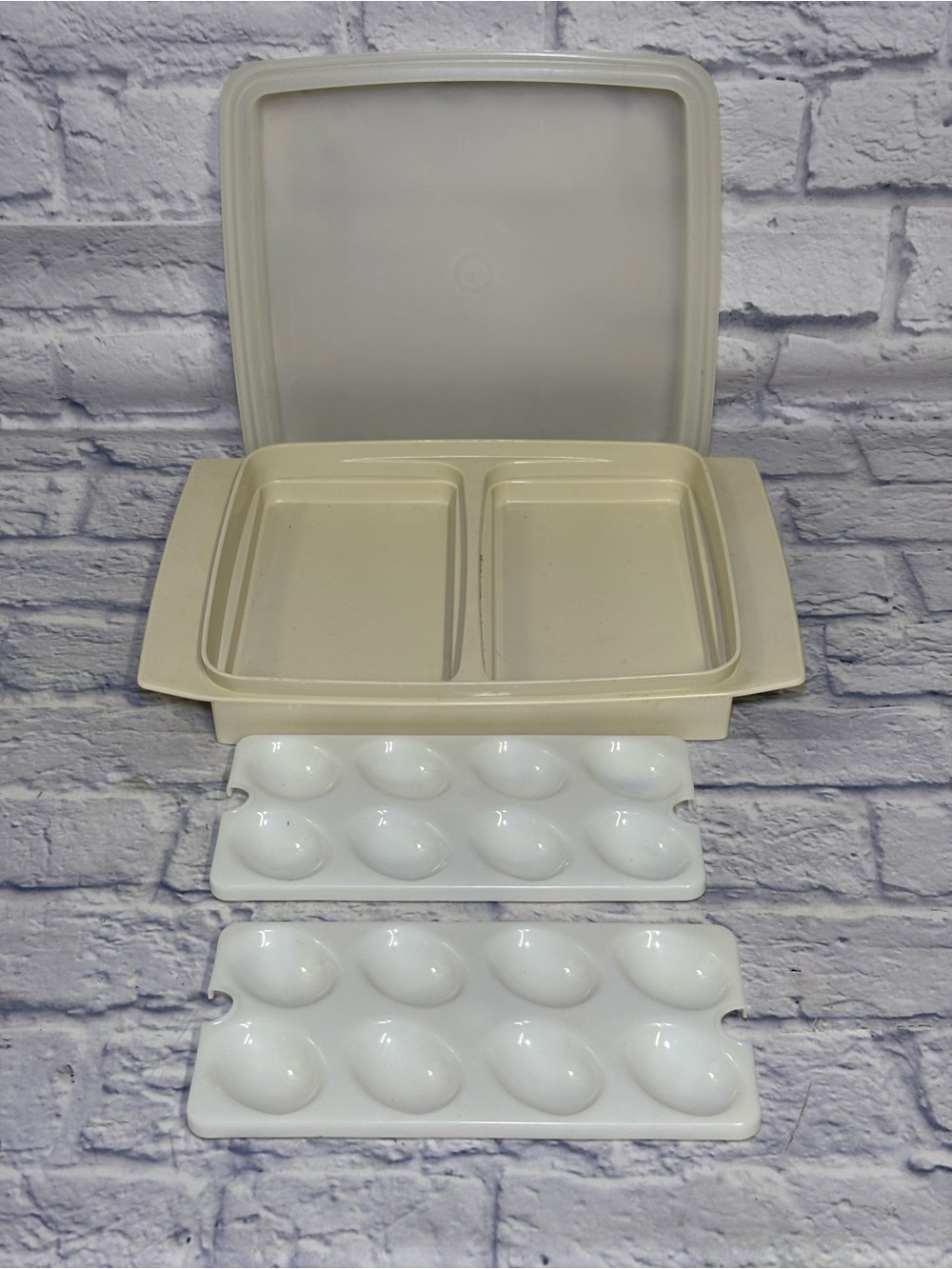 Tupperware 723-2 Egg Keeper Tray Almond 4 pieces as shown Vintage